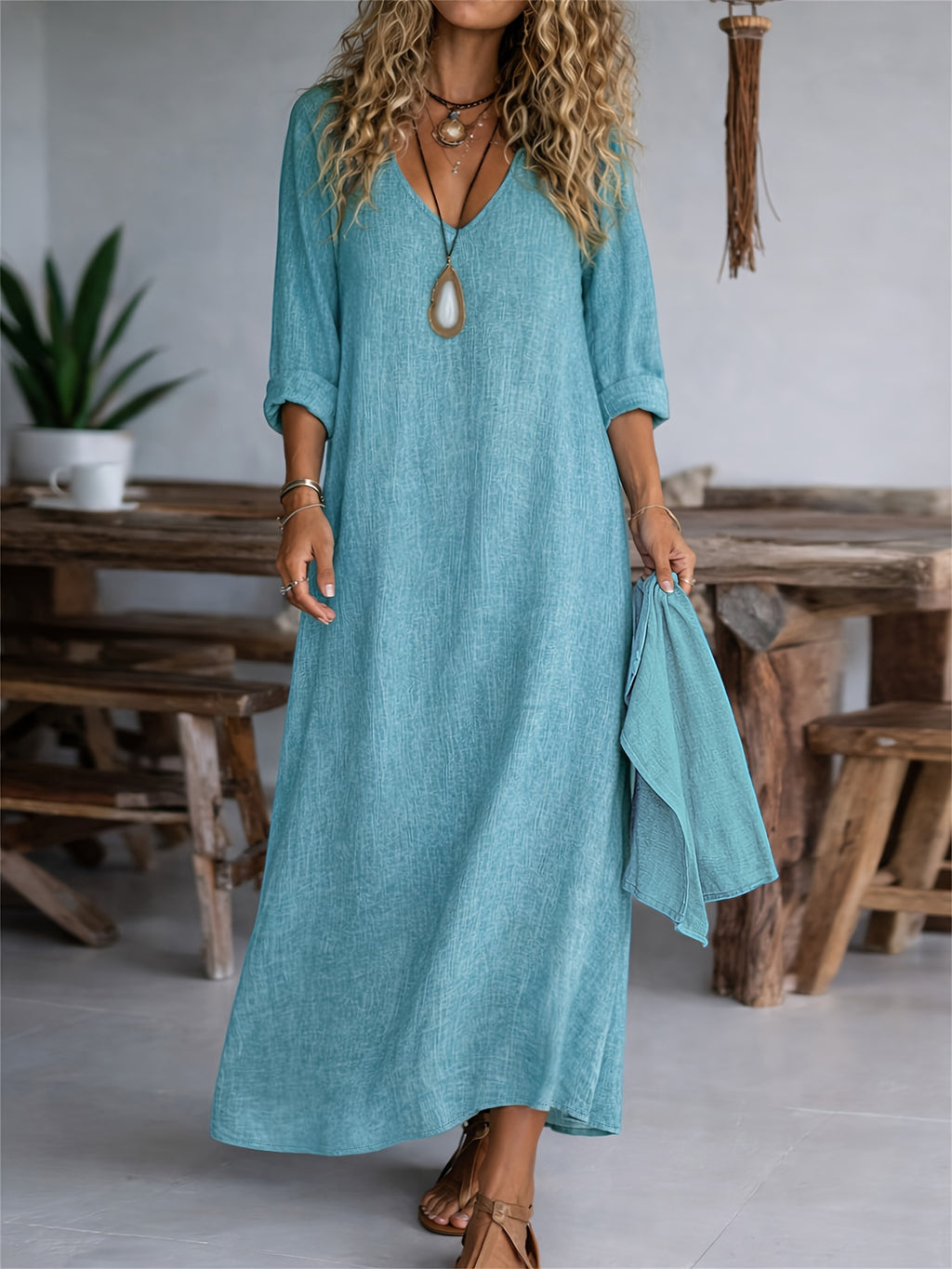 V-neck long sleeve loose linen maxi dress | Alba Muse
