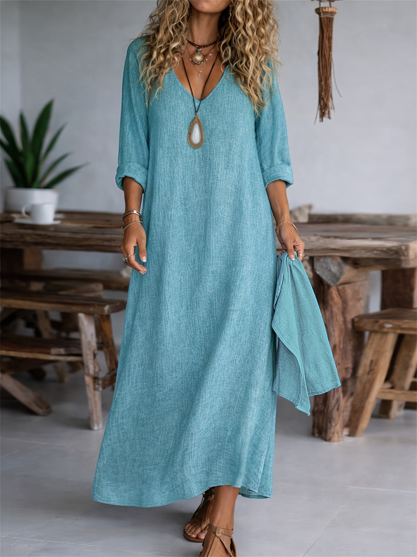 V-neck long sleeve loose linen maxi dress | Alba Muse