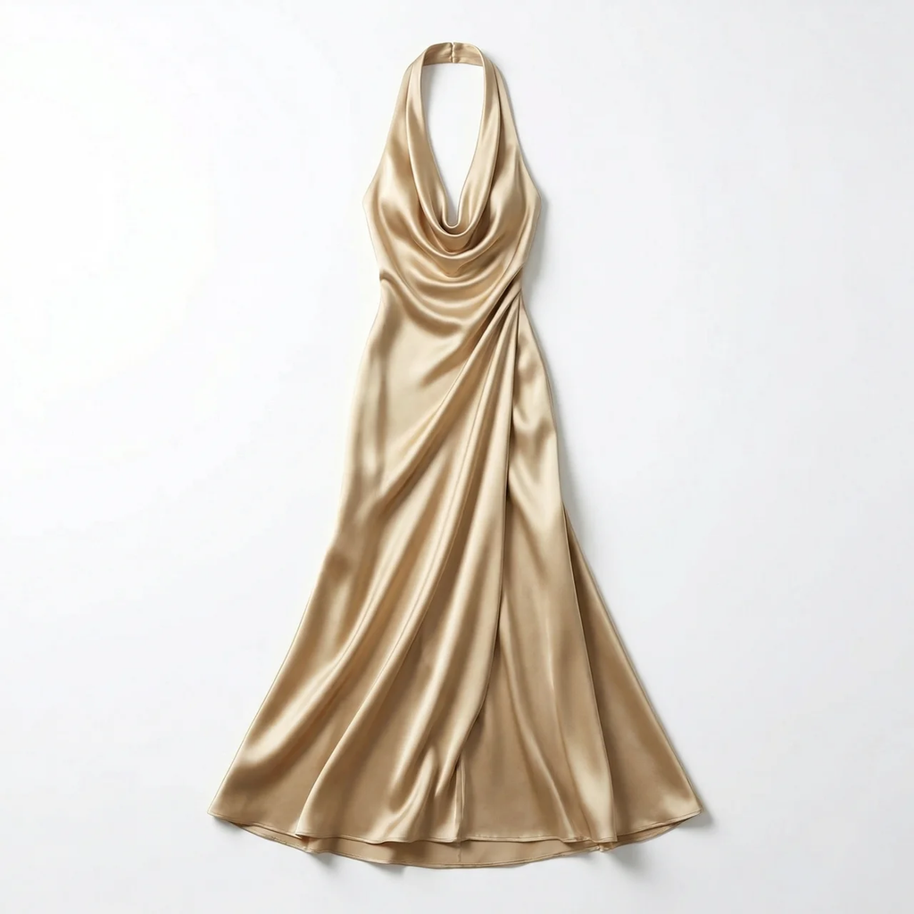 Gold satin dress neckline detail close-up