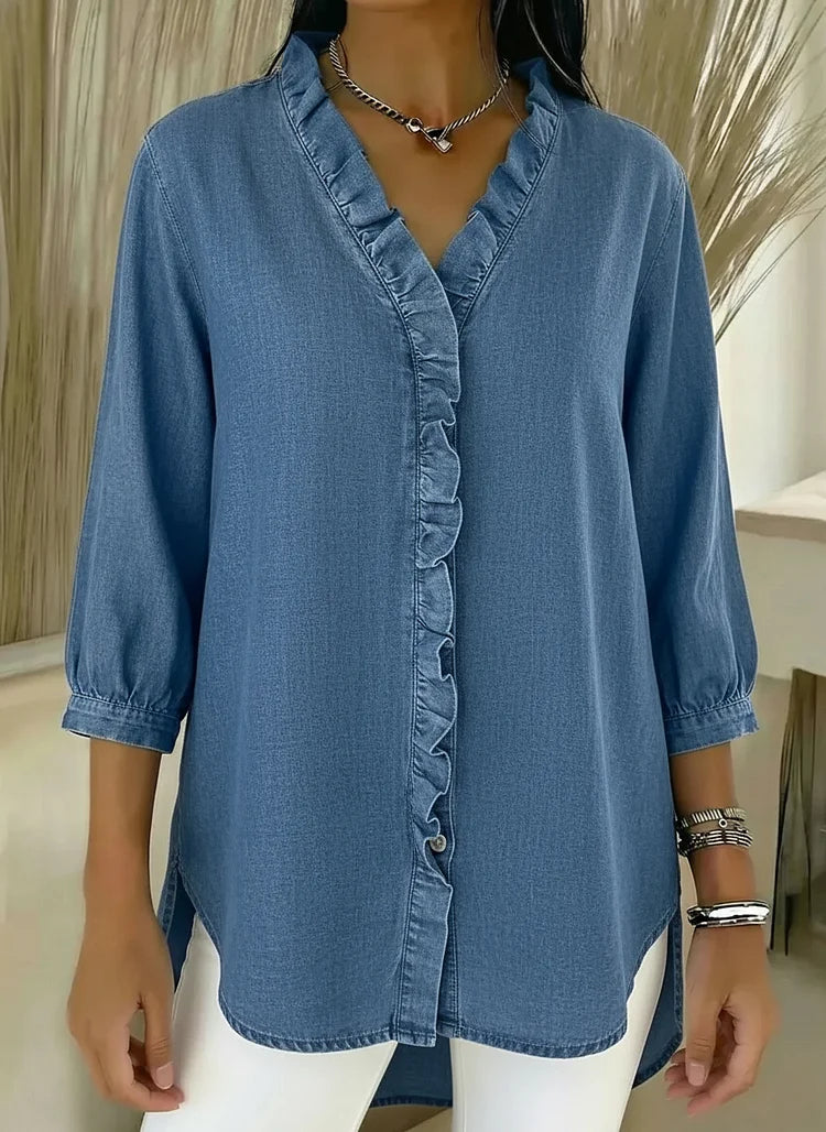 Denim ruffled shirt in navy blue, relaxed casual style | Alba Muse