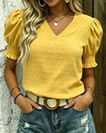 Bubble sleeve V-neck jacquard blouse, front view