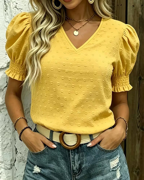 Bubble sleeve V-neck jacquard blouse, front view