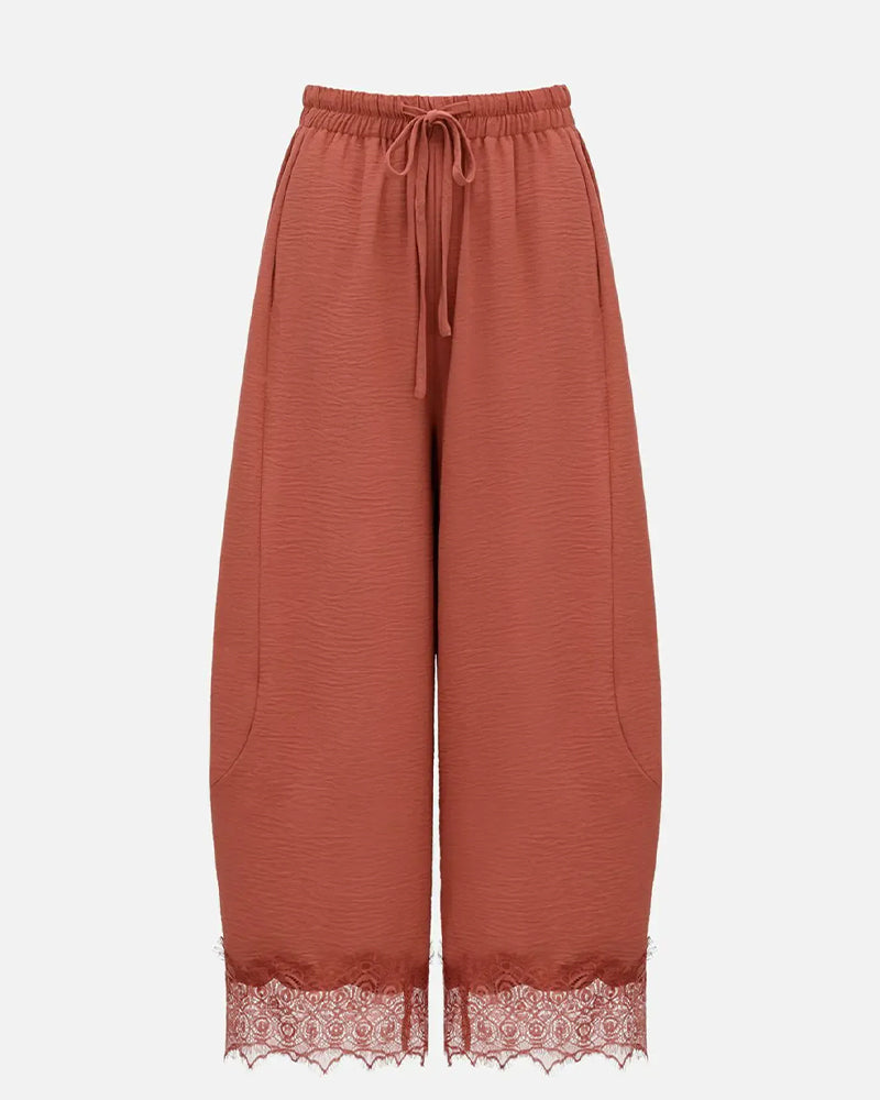 Elastic Waist Lace-Panel Casual Trousers — worn on model