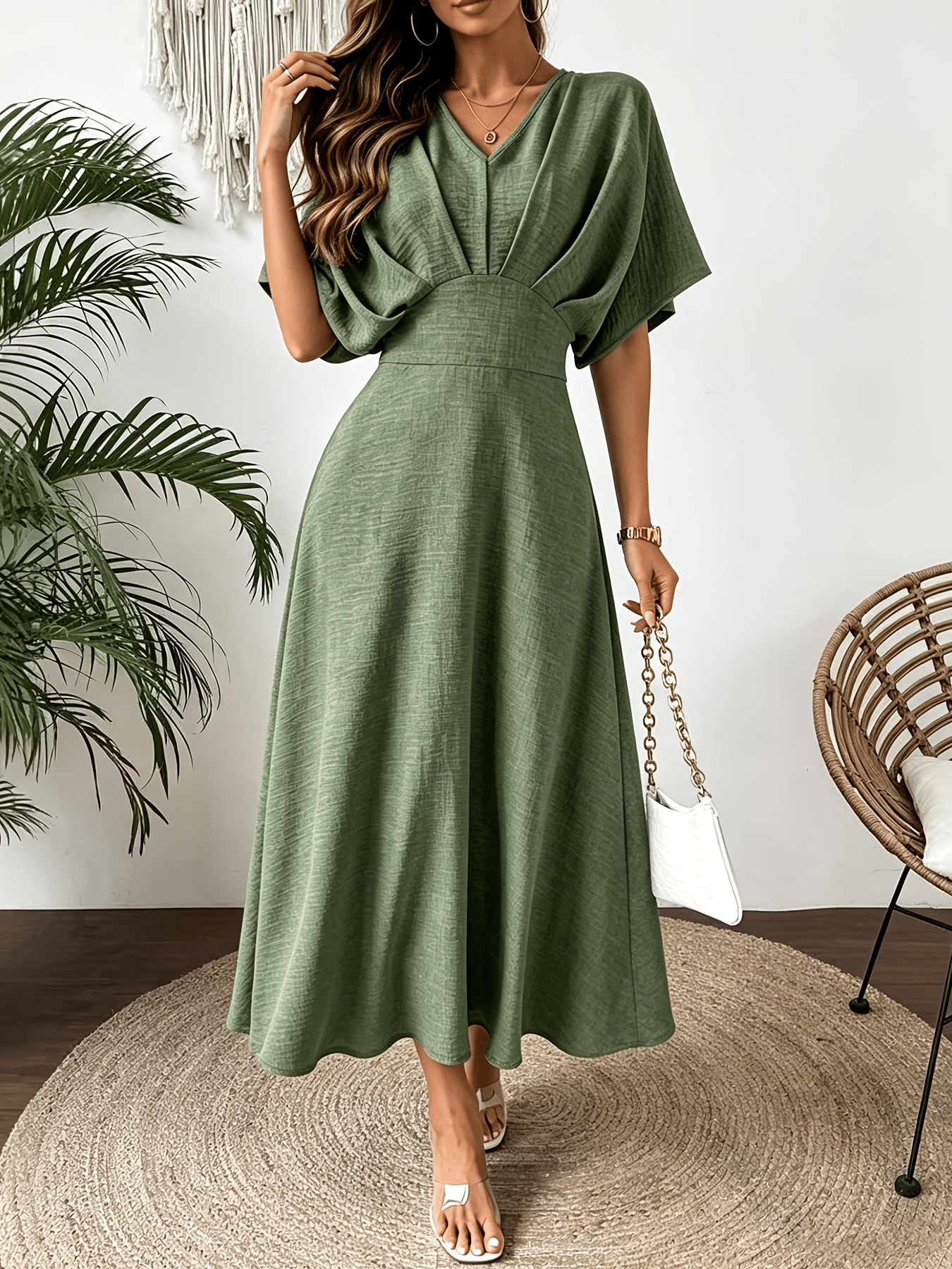 Batwing Sleeve Ruffle V-Neck Midi Dress