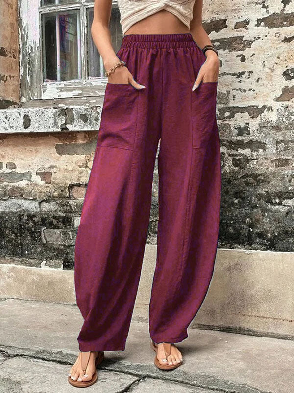 Loose Fit Elastic-Waist Trousers with Pockets