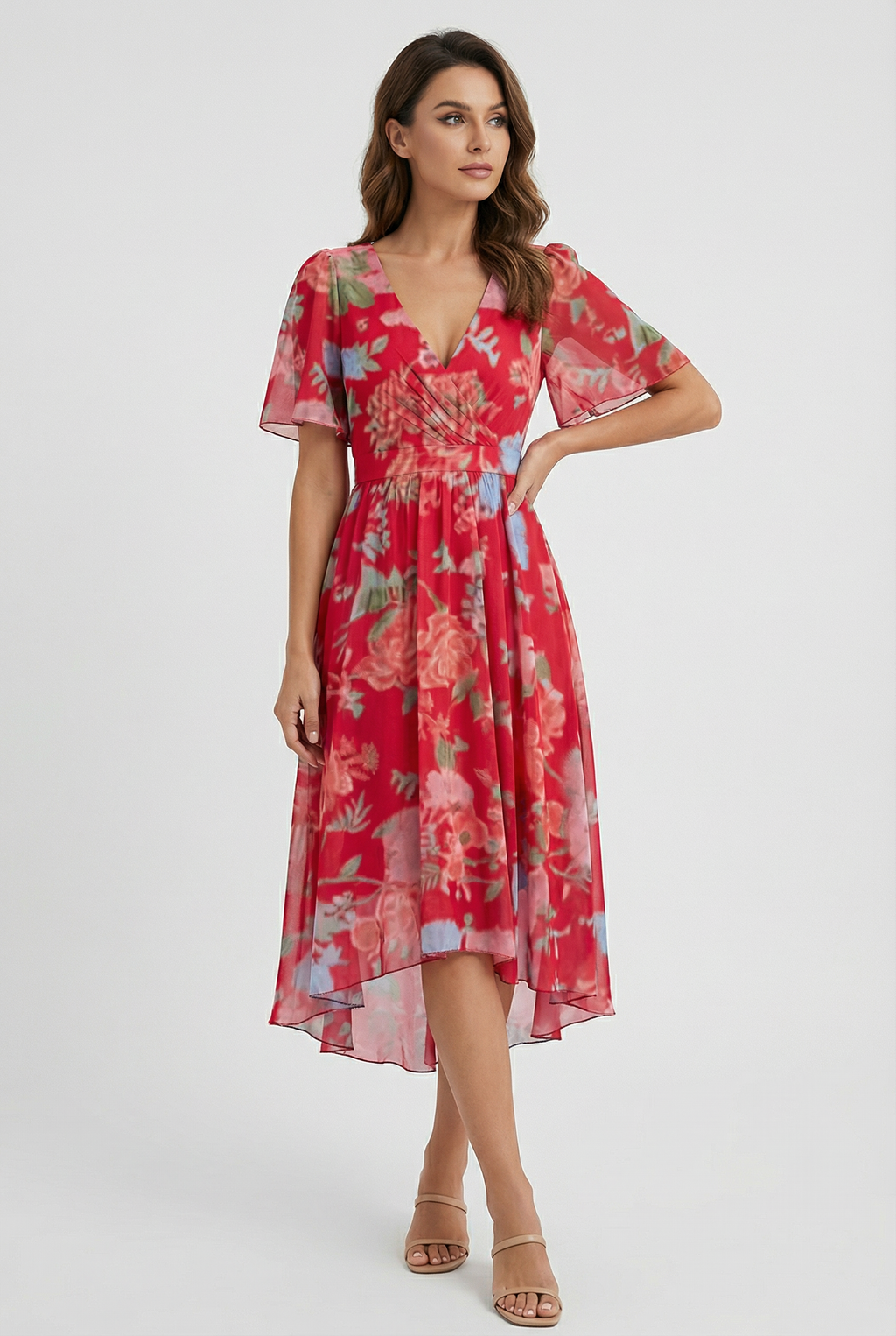 Women's floral linen midi dress, full length side view