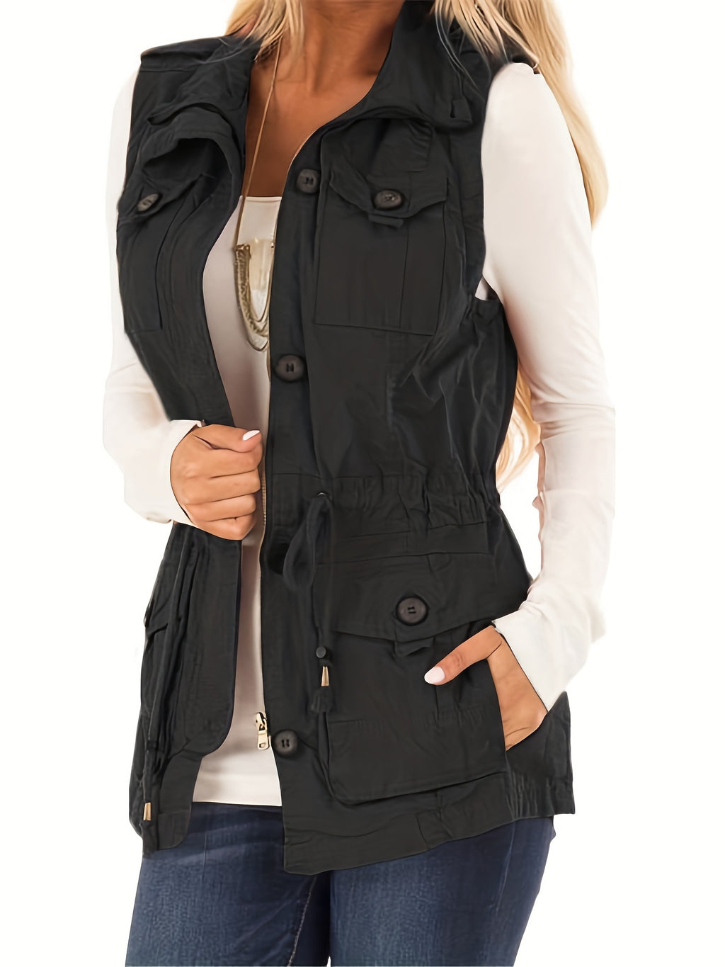 Khaki sleeveless drawstring vest jacket