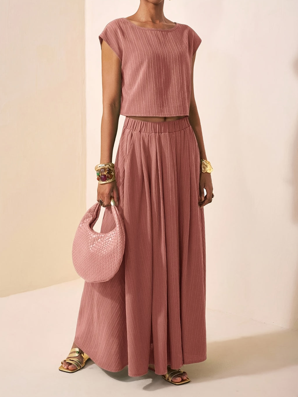 Striped Top & Pleated Maxi Skirt Co-ord Set in Red, front view