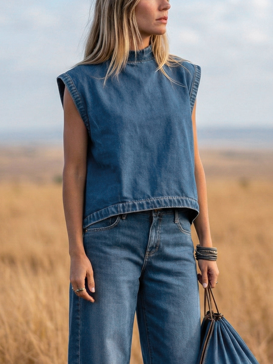 Denim Mock Neck Vest Top & Wide-Leg Jeans Co-ord Set