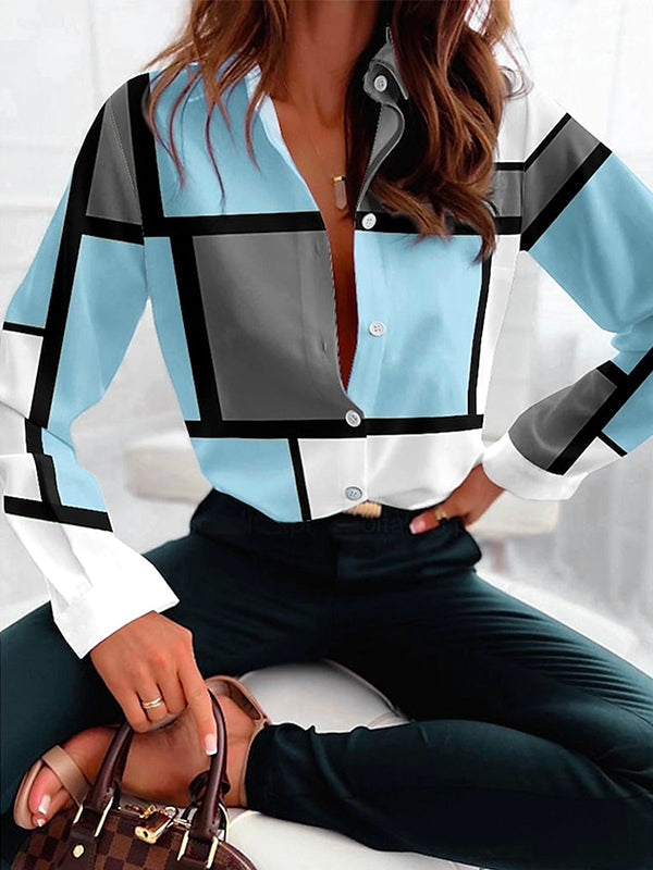 Plaid Contrast Lapel Buttoned Blouse