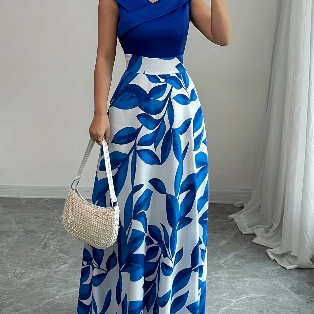 V-Neck Floral Print A-Line Maxi Dress with Pockets