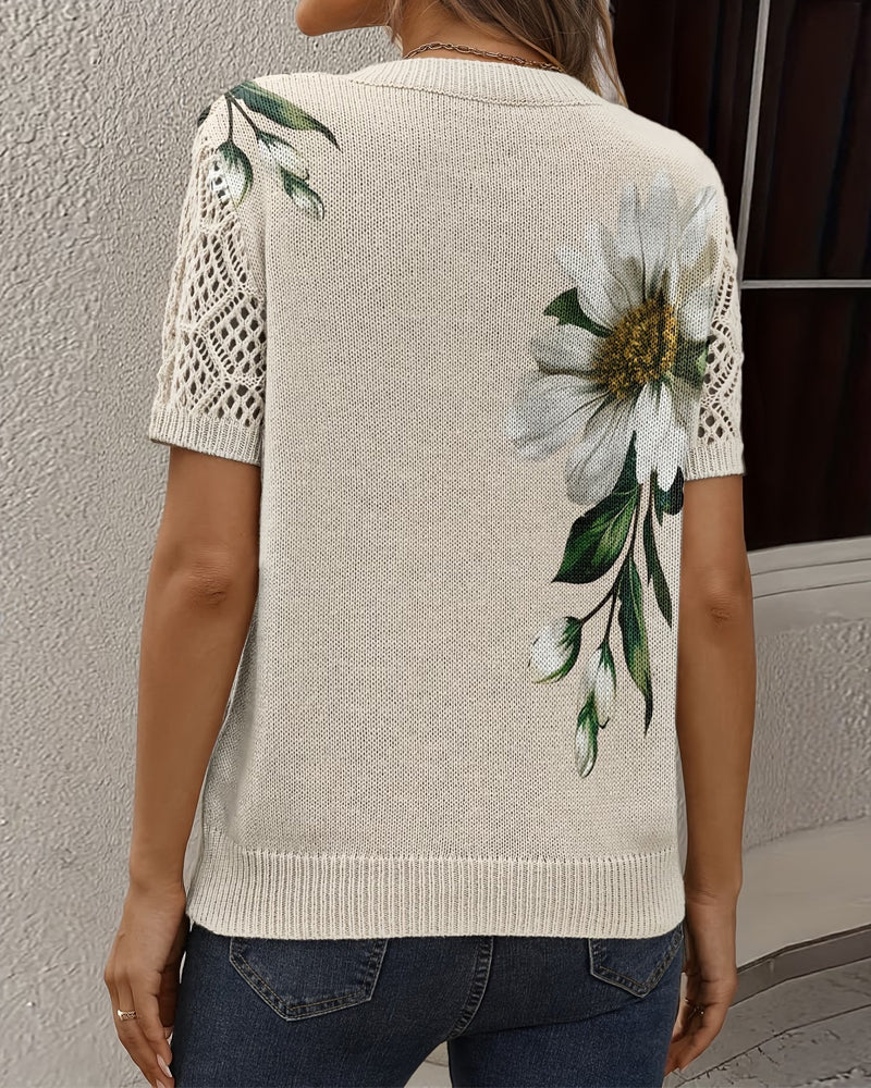 Floral Knit Jumper Short Sleeve V-Neck | Alba Muse