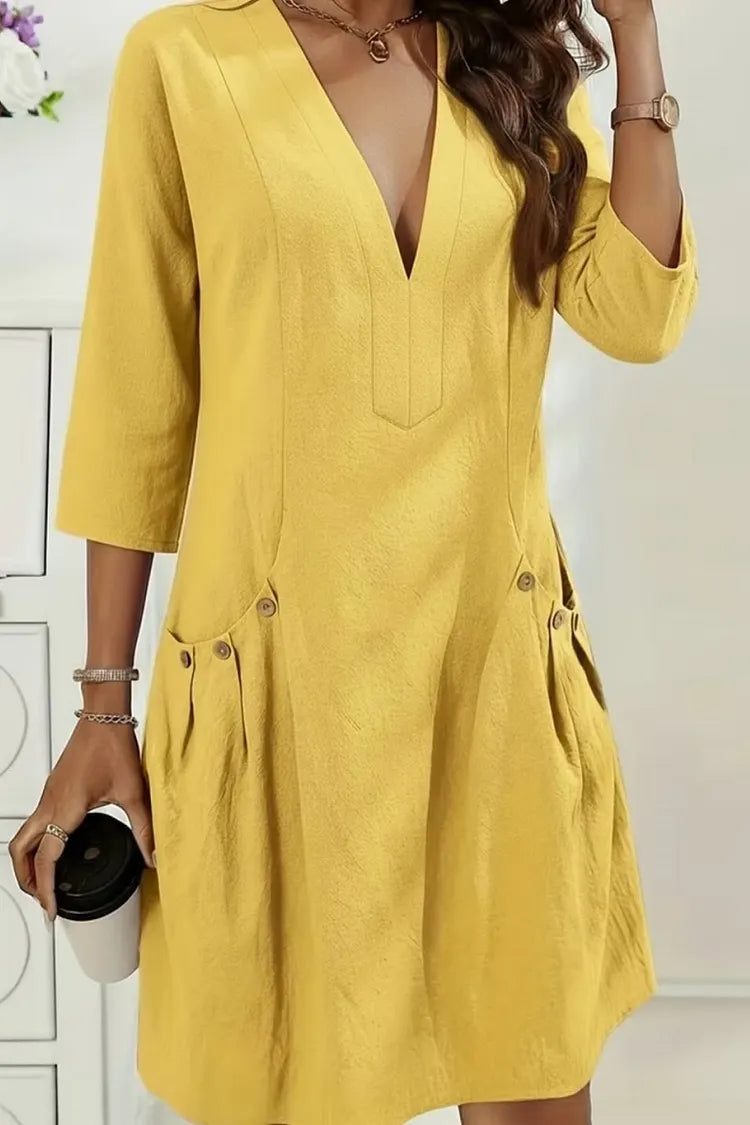 Solid colour V-neck loose midi dress in yellow, casual elegant style | Alba Muse