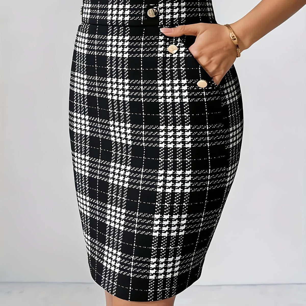 Black Big Grid Plaid Pocket Skirt