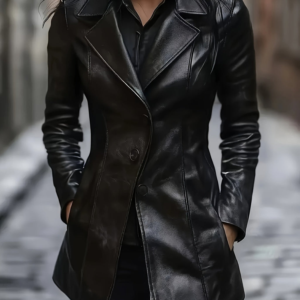 Black mid-length A-line Coat, front view