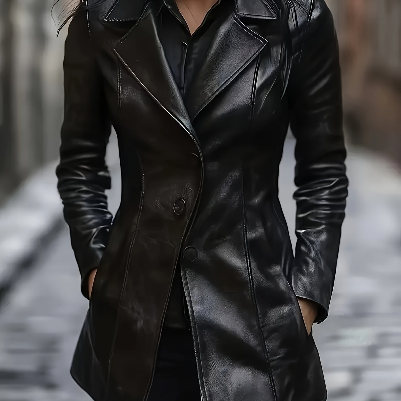Black mid-length A-line Coat, front view