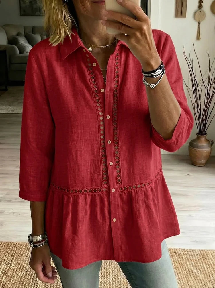 Patchwork linen shirt in yellow, relaxed casual summer look | Alba Muse