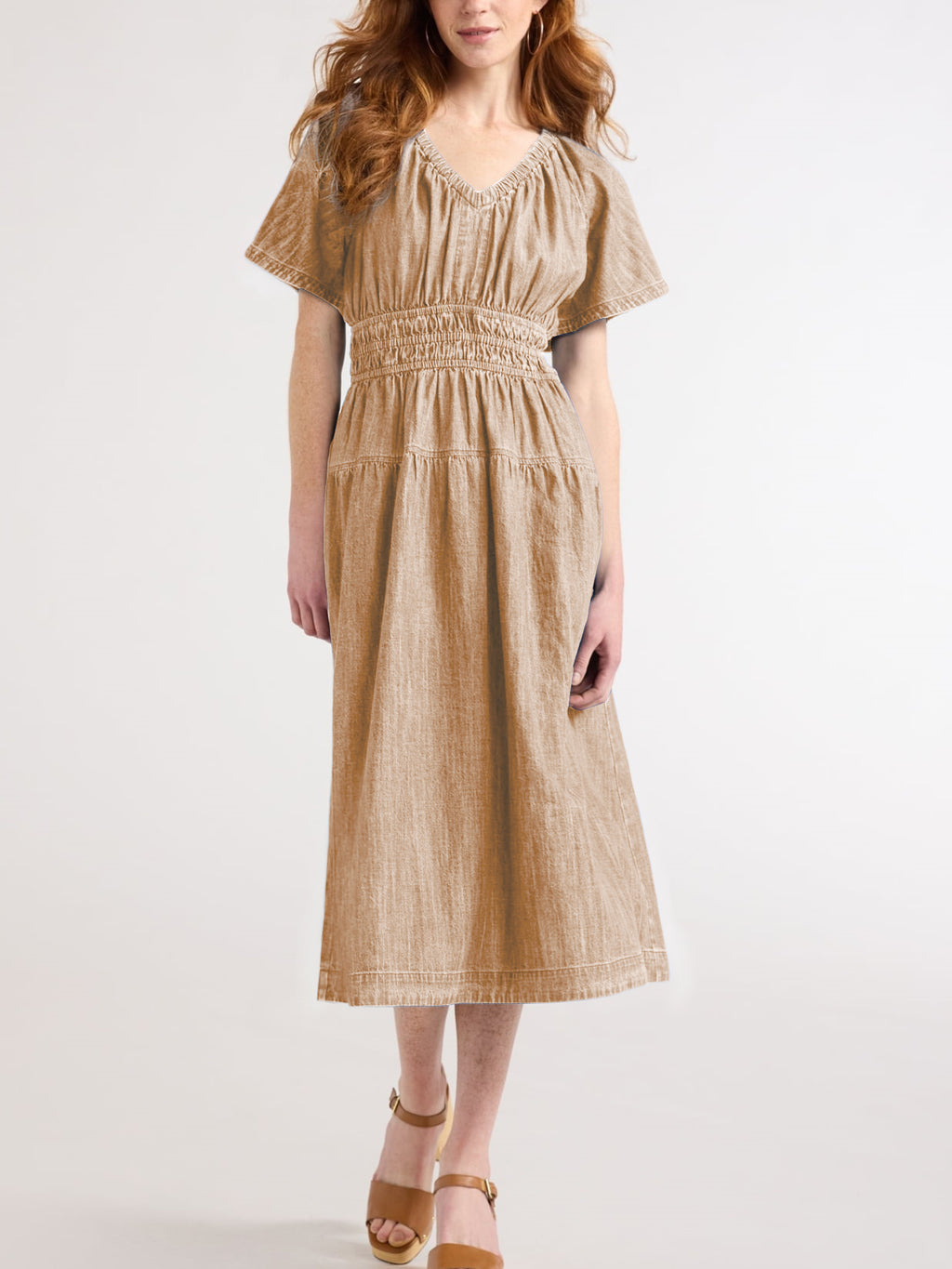 Tiered denim midi dress floating sleeve detail close-up