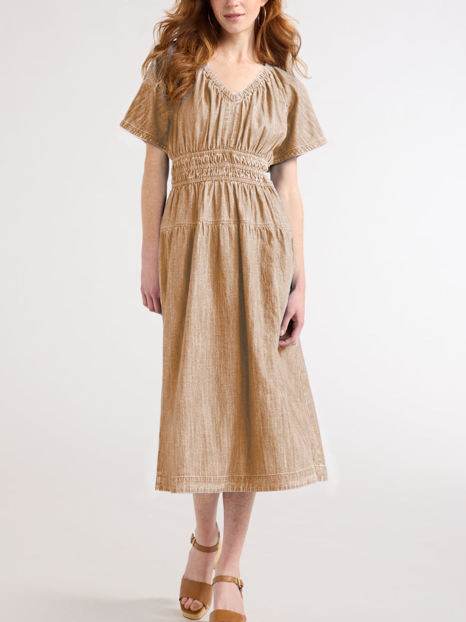 Tiered denim midi dress floating sleeve detail close-up