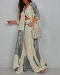 Cropped top wide leg trousers set in beige, front view