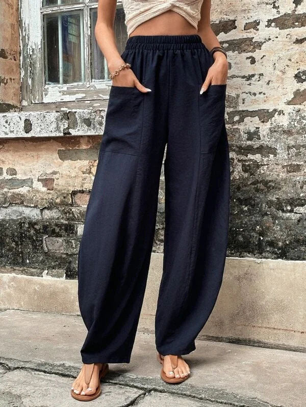 Loose Fit Elastic-Waist Trousers with Pockets