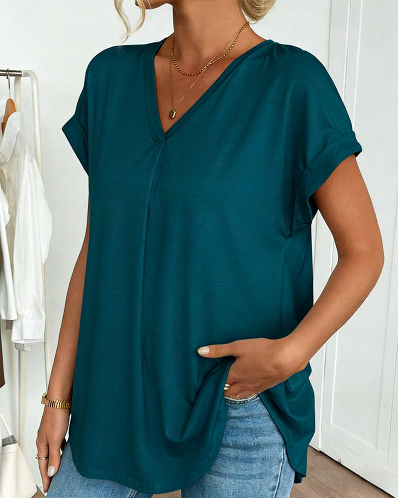 V-Neck Solid Colour Patchwork Short Sleeve T-Shirt