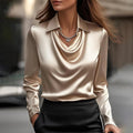 Beige draped neckline satin blouse, front view