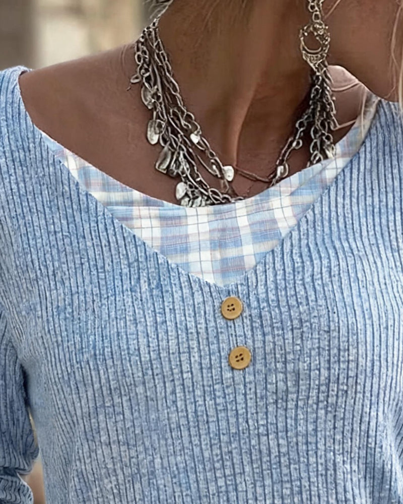 Women's Blue Ribbed Plaid Patchwork Long-Sleeve Blouse — worn on model