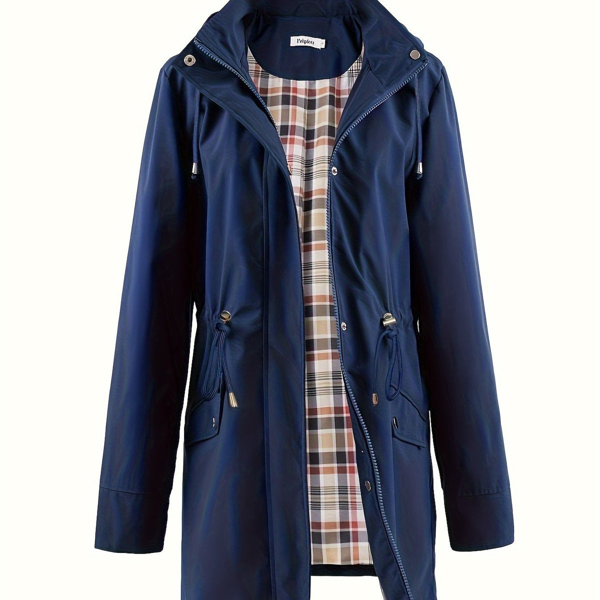Hooded drawstring waist zip up coat with an attached hood in Navy