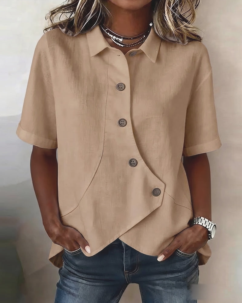 Asymmetrical Placket Button Down Cotton Linen Shirt
