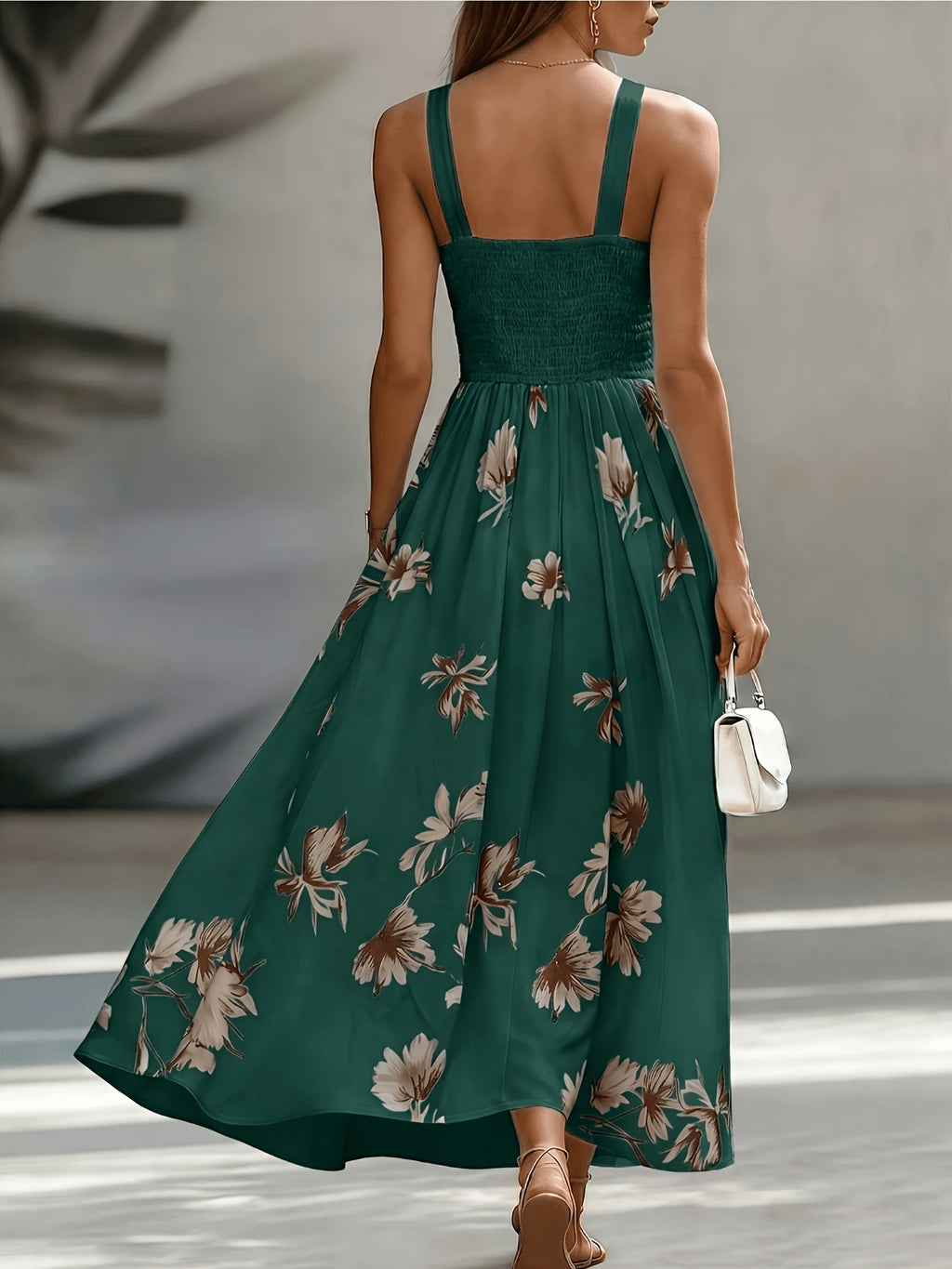 Shirred Geometric Print V-Neck Midi Dress