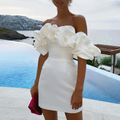 Women's wedding guest ruffle mini dress, front view