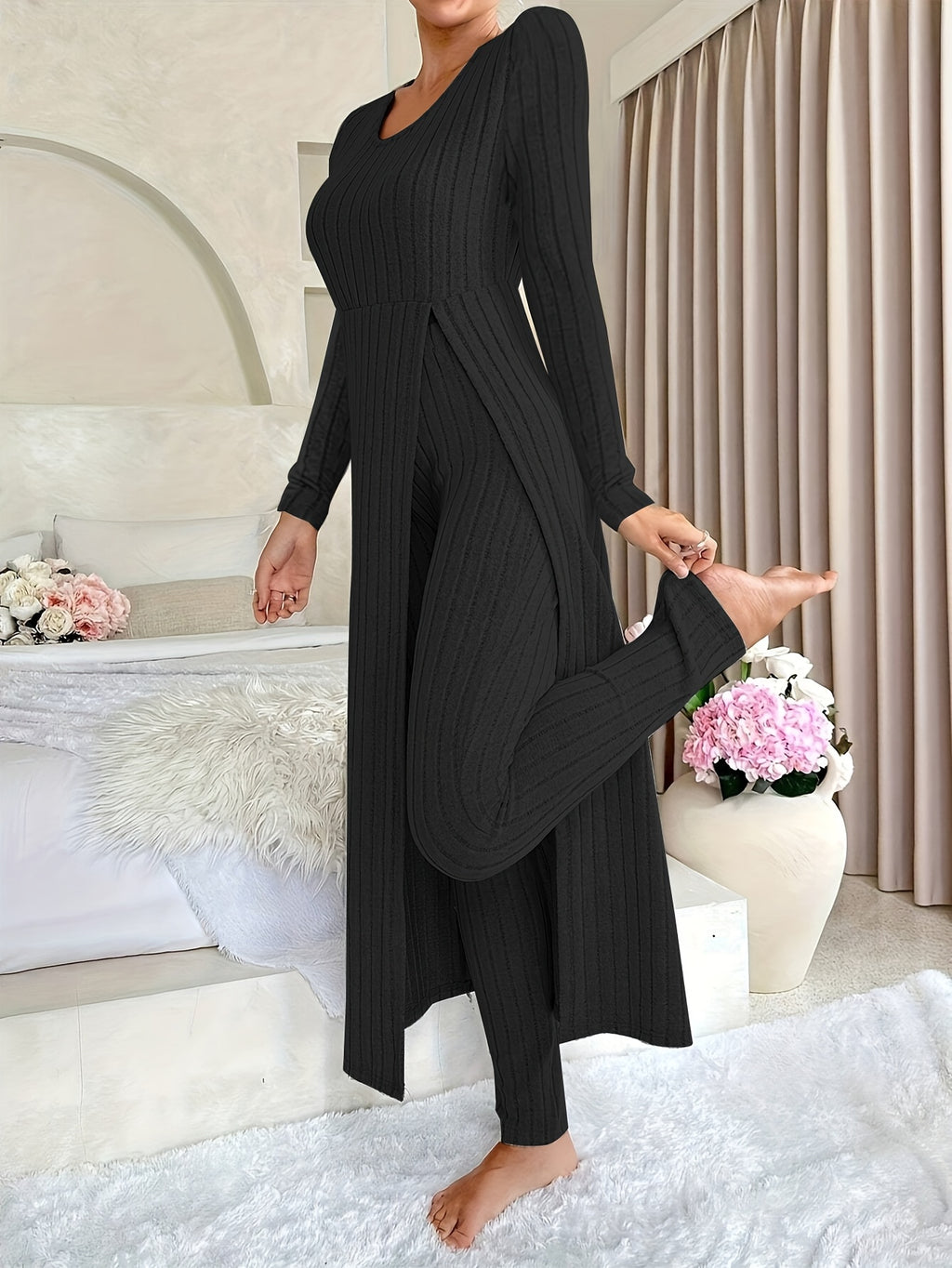 Grey ribbed long sleeve Loungewear Set