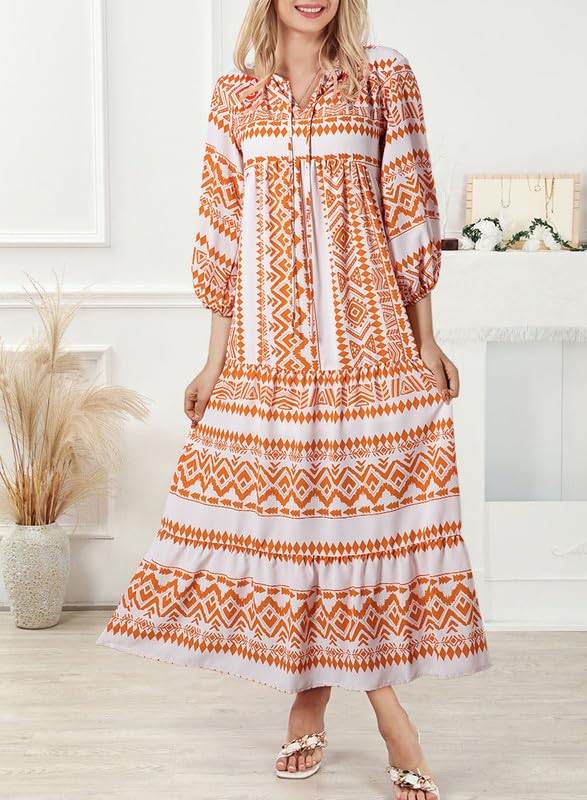 Boho Floral Puff Sleeve Maxi Dress – Casual