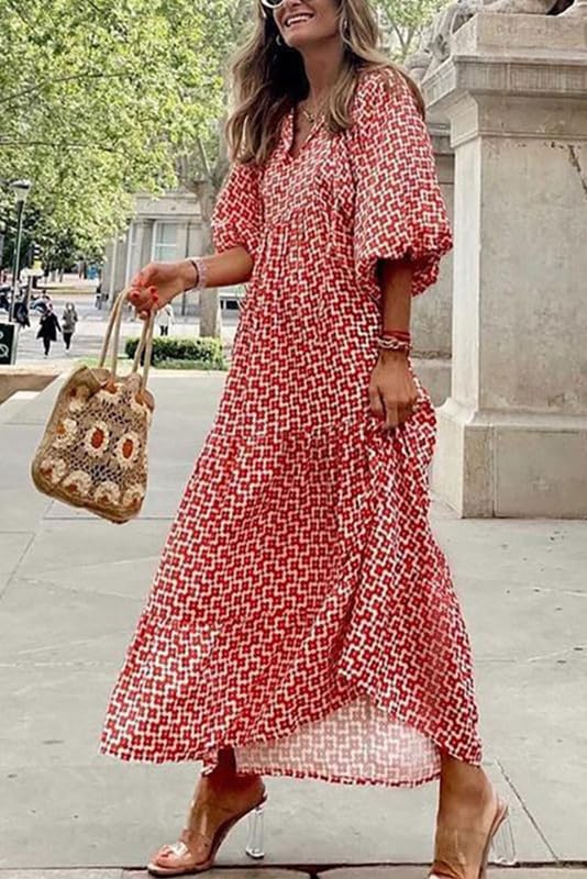 Boho Floral Puff Sleeve Maxi Dress – Casual