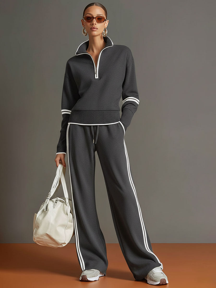 Half-Zip Tracksuit Co-Ord Set with Wide-Leg Trousers