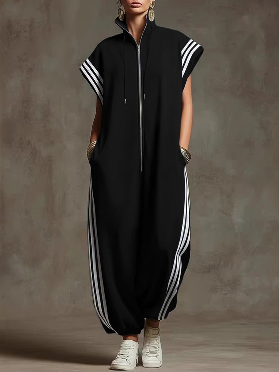 Plus Size Striped Sleeveless Jumpsuit with Stand Collar