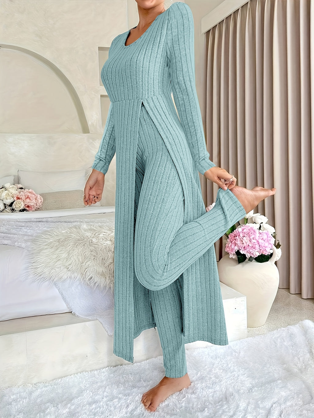 Grey ribbed long sleeve Loungewear Set