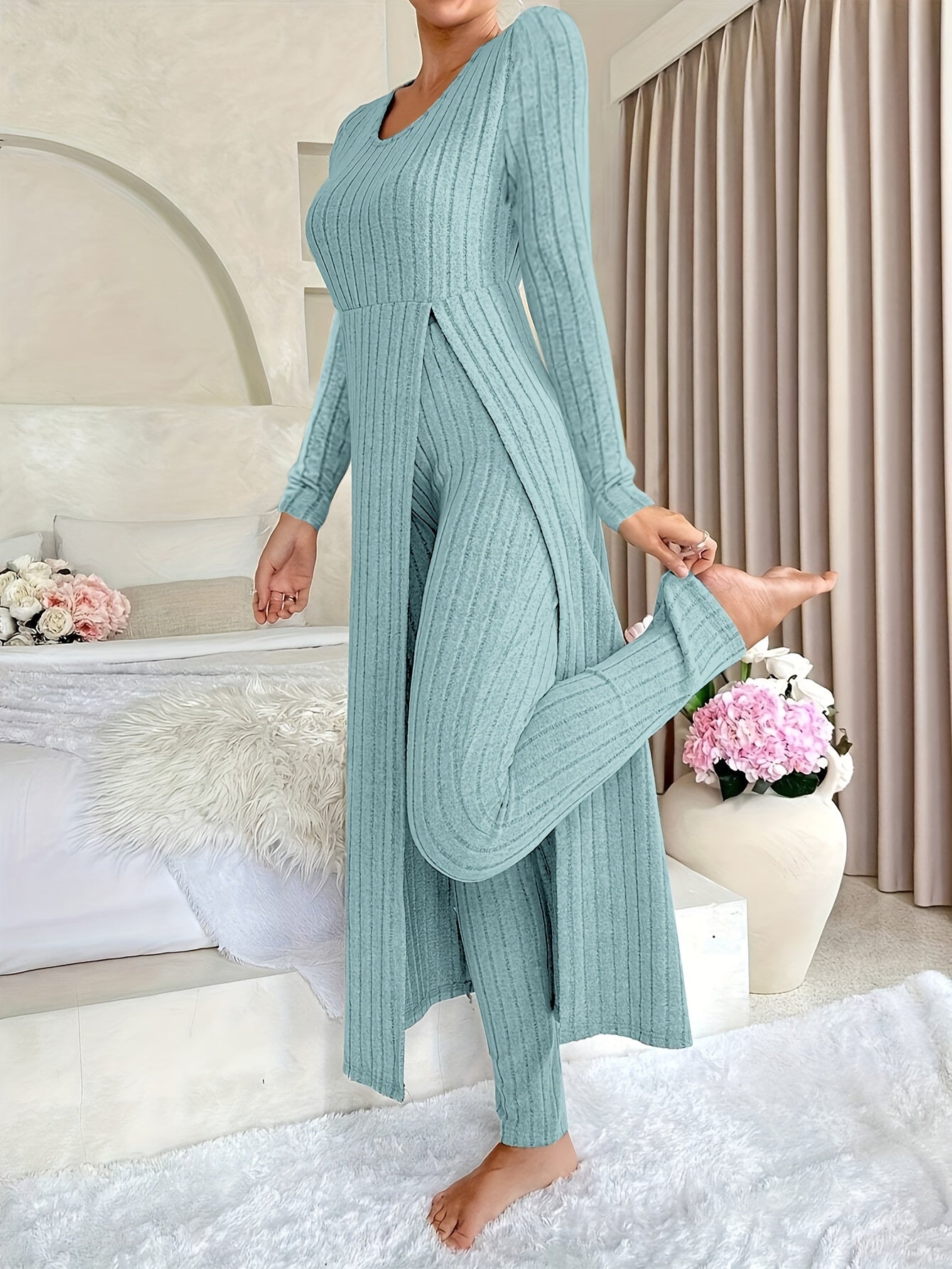 Grey ribbed long sleeve Loungewear Set