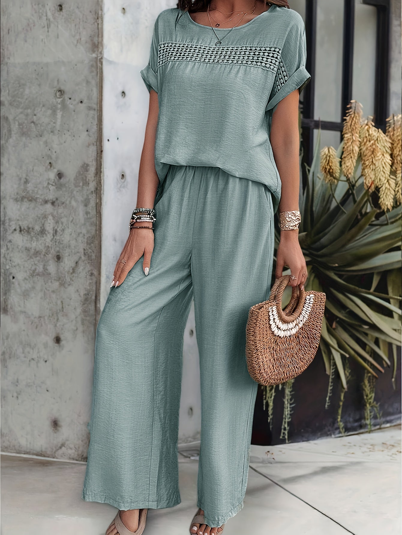 Short Sleeve Top & Wide Leg Trousers Co-ord Set in Military Blue, side view