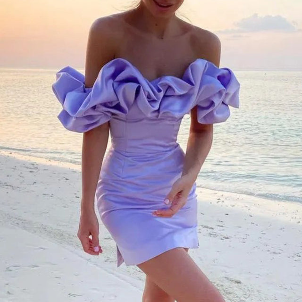 Ruffle neckline wedding guest mini dress, back view