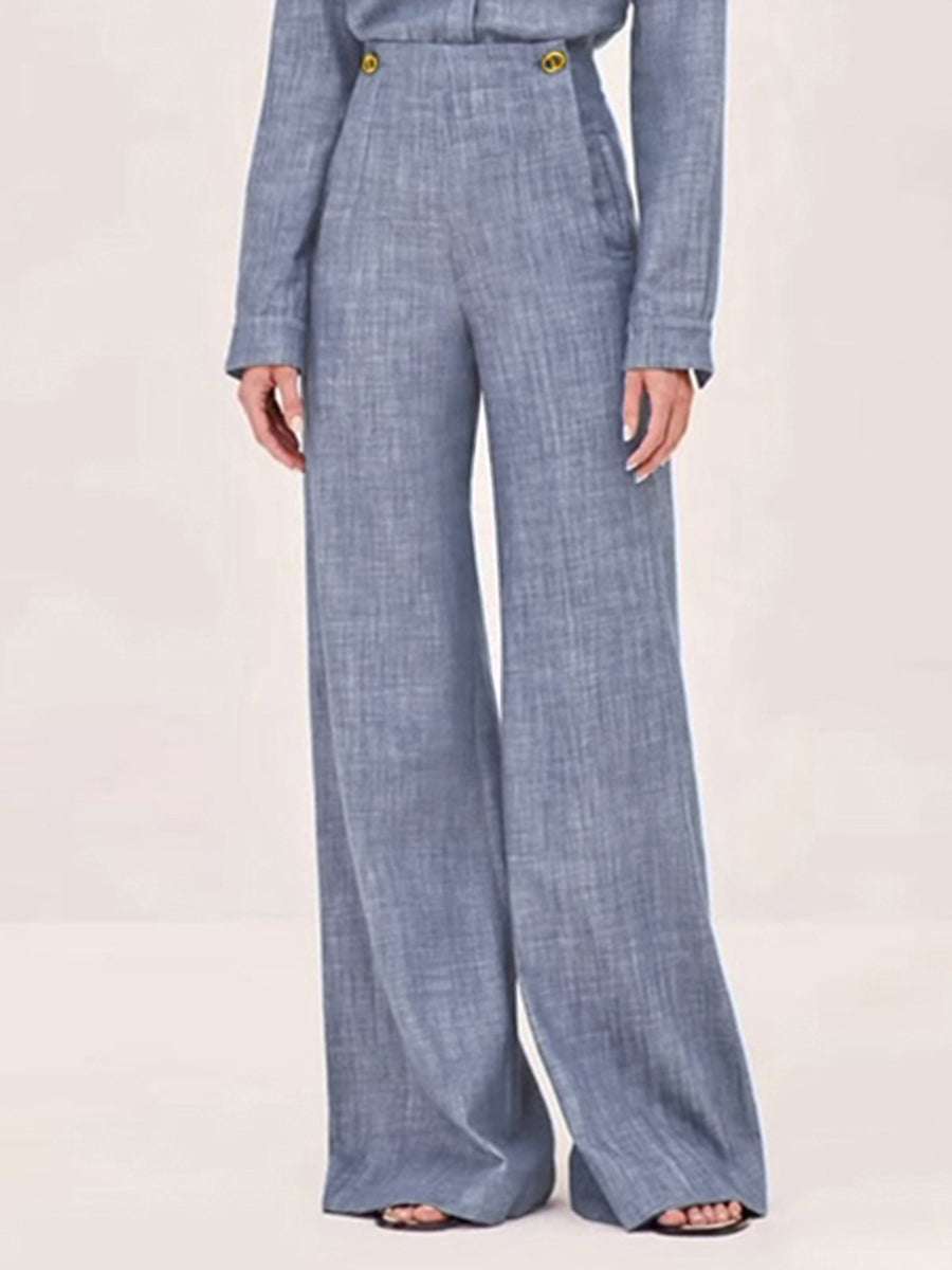 Blue high-waisted straight-leg trousers, front view