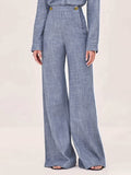 Blue high-waisted straight-leg trousers, front view