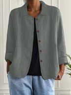 Women's button front jacket styled with casual outfit