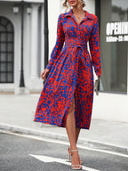 Women's geometric shirt dress with adjustable tie belt showing waist definition, side view