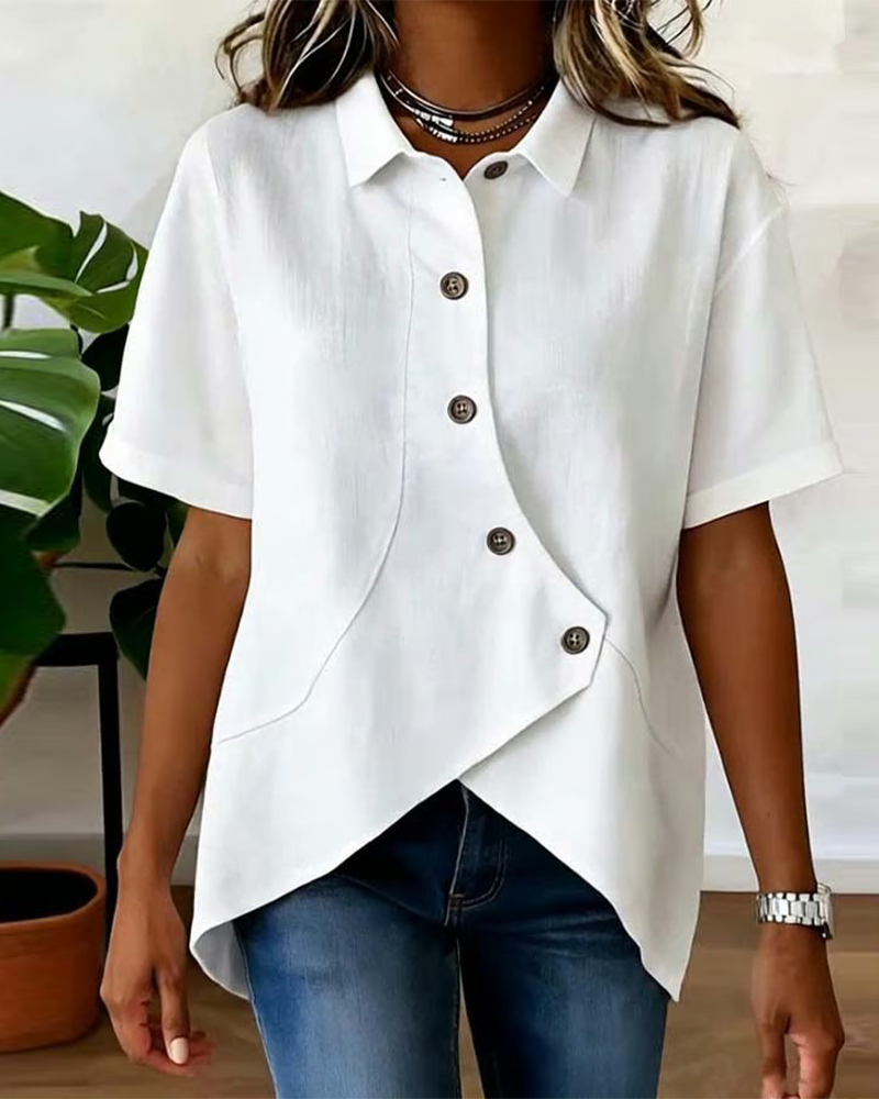 Asymmetrical placket linen shirt, side view