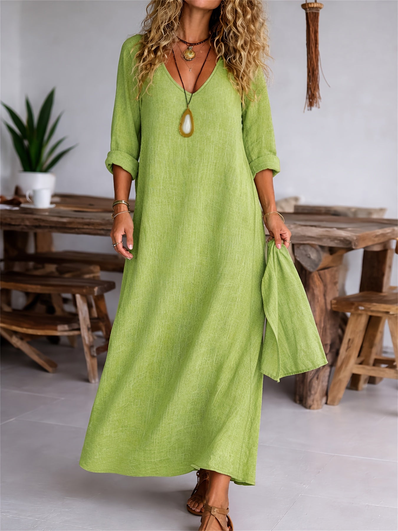 V-neck long sleeve loose linen maxi dress | Alba Muse