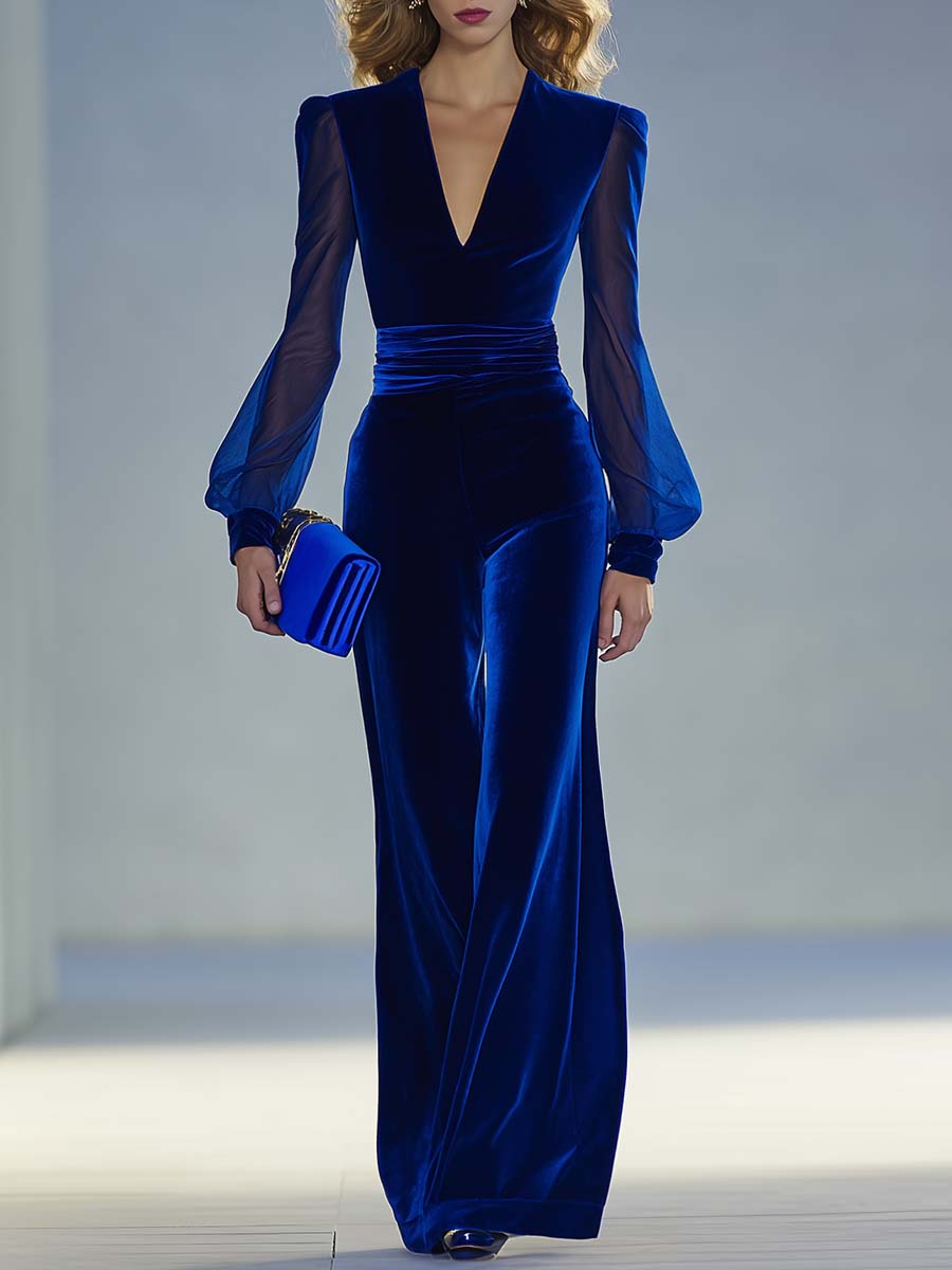Velvet V-Neck Mesh-Trim Co-ord Set