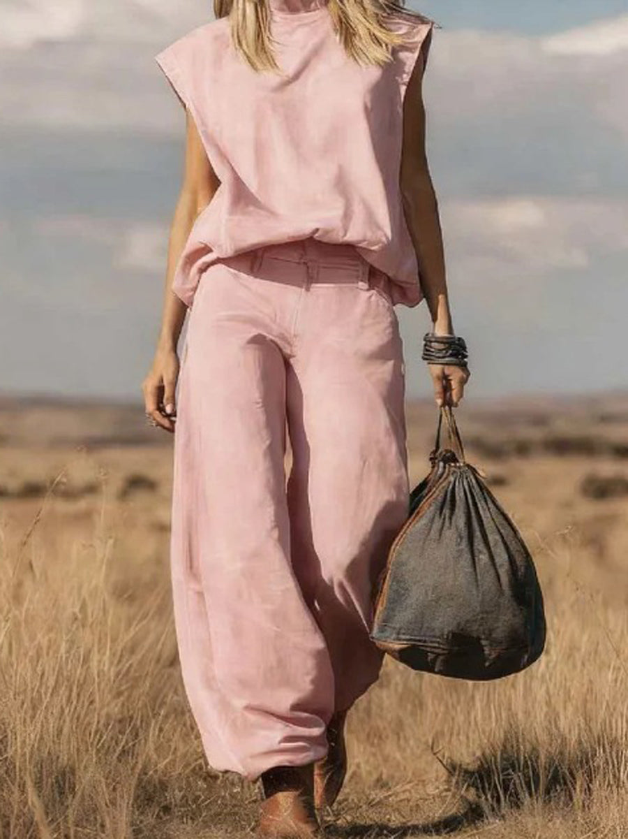 Denim Mock Neck Vest Top & Wide-Leg Jeans Co-ord Set