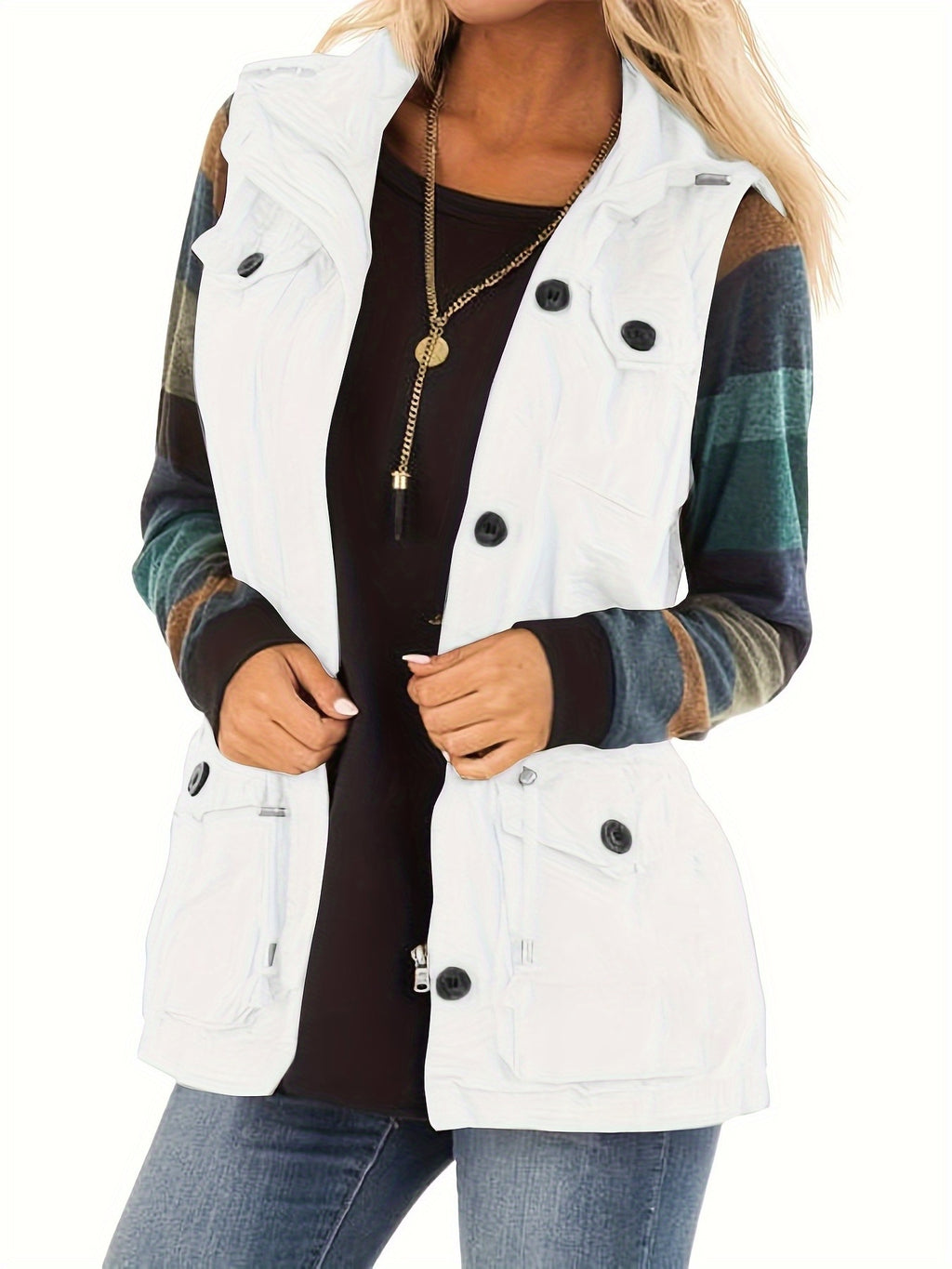 Khaki sleeveless drawstring vest jacket, front view